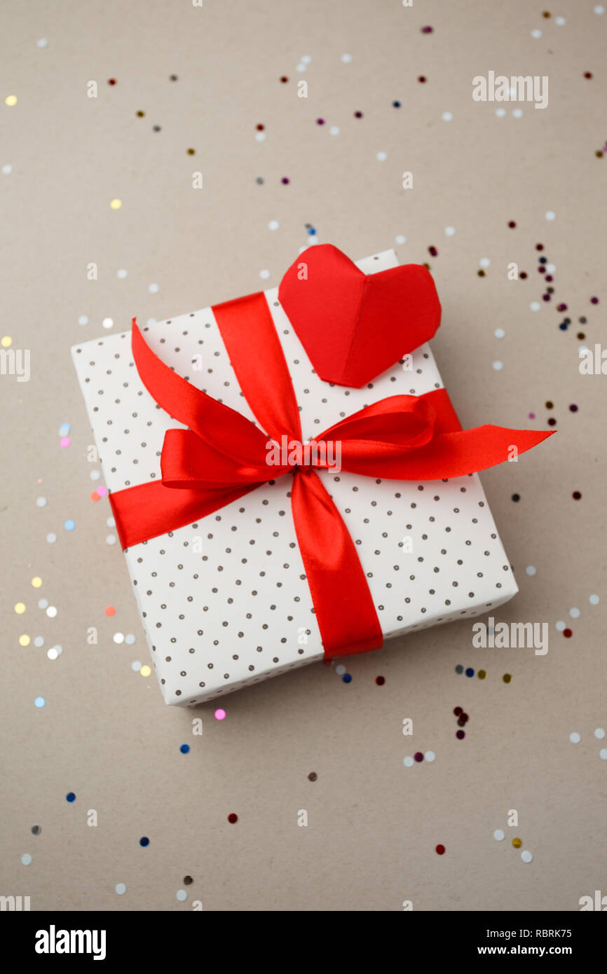 Valentines Day Gift Box Origami Paper Red Heart And Confetti