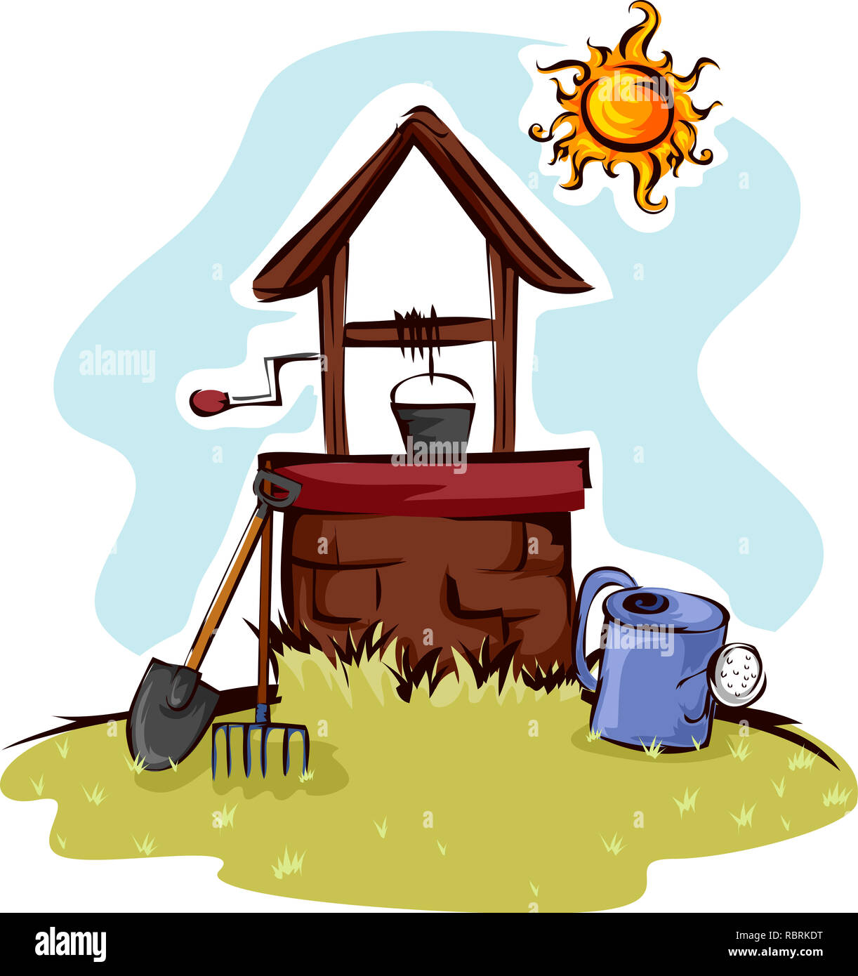 Illustration of a Traditional Farm Well with Bucket and Farming Tools Like Rake, Shovel and