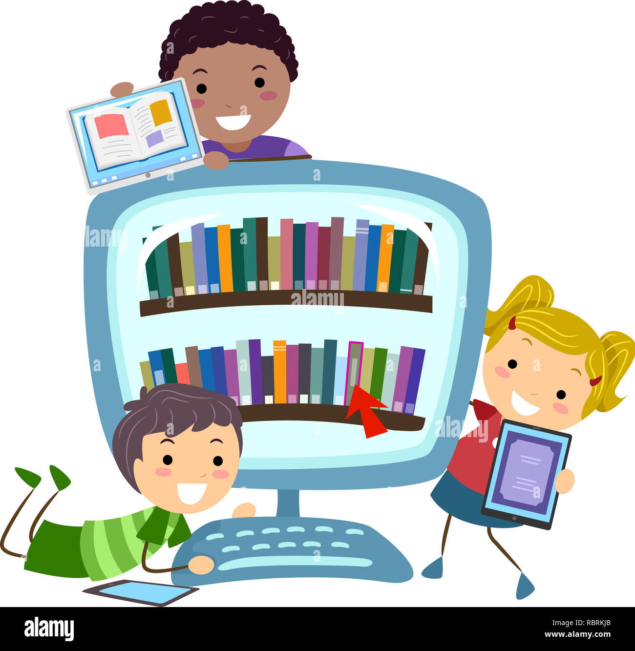 Illustration of Stickman Kids with Tablet Computers and a Computer Full of Digital Books Stock Photo