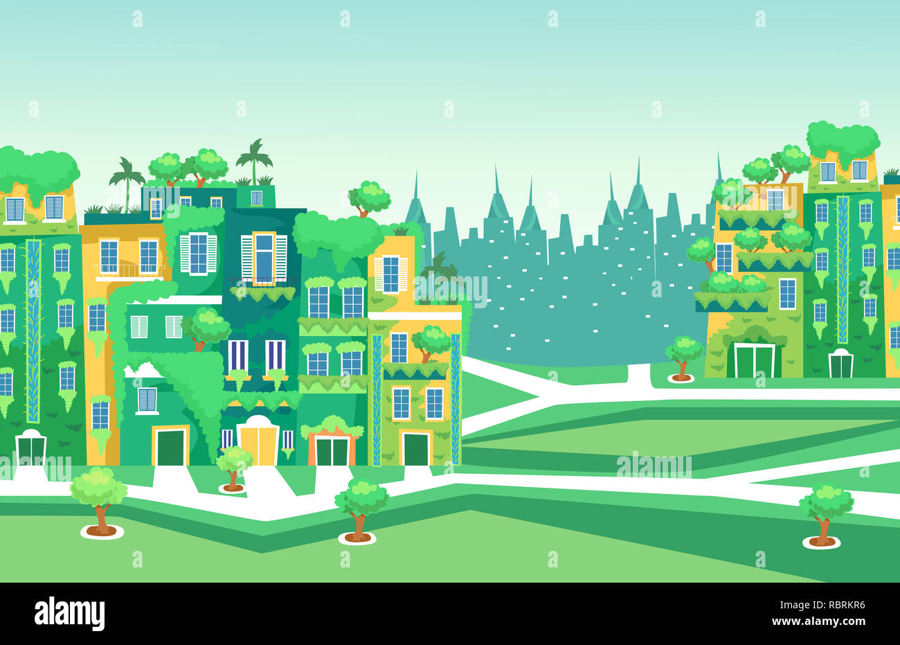 Illustration of a Green City with Plants and Trees Stock Photo - Alamy