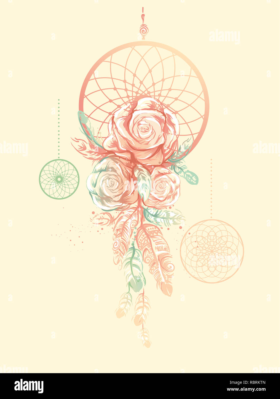 Illustration of a Boho Dream Catcher with Roses and Feathers Stock Photo -  Alamy