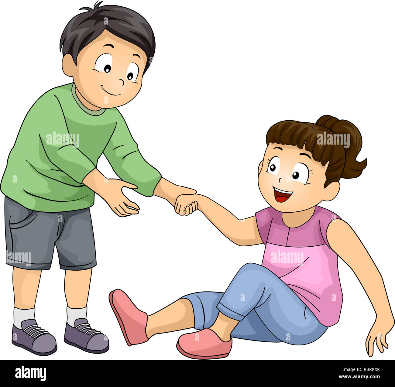Illustration Of A Kid Boy Helping A Kid Girl Stand Up Positive Character Trait Or Values Stock Photo Alamy