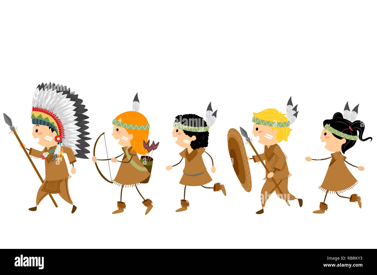 Illustration of Native American Stickman Kids Holding a Spear, Bow, Arrow and Shield Walking to the Left Stock Photo