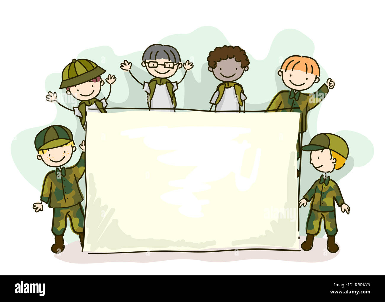 Illustration of Stickman Kids Wearing Soldier Camouflage Uniforms Holding a Blank Board Stock Photo