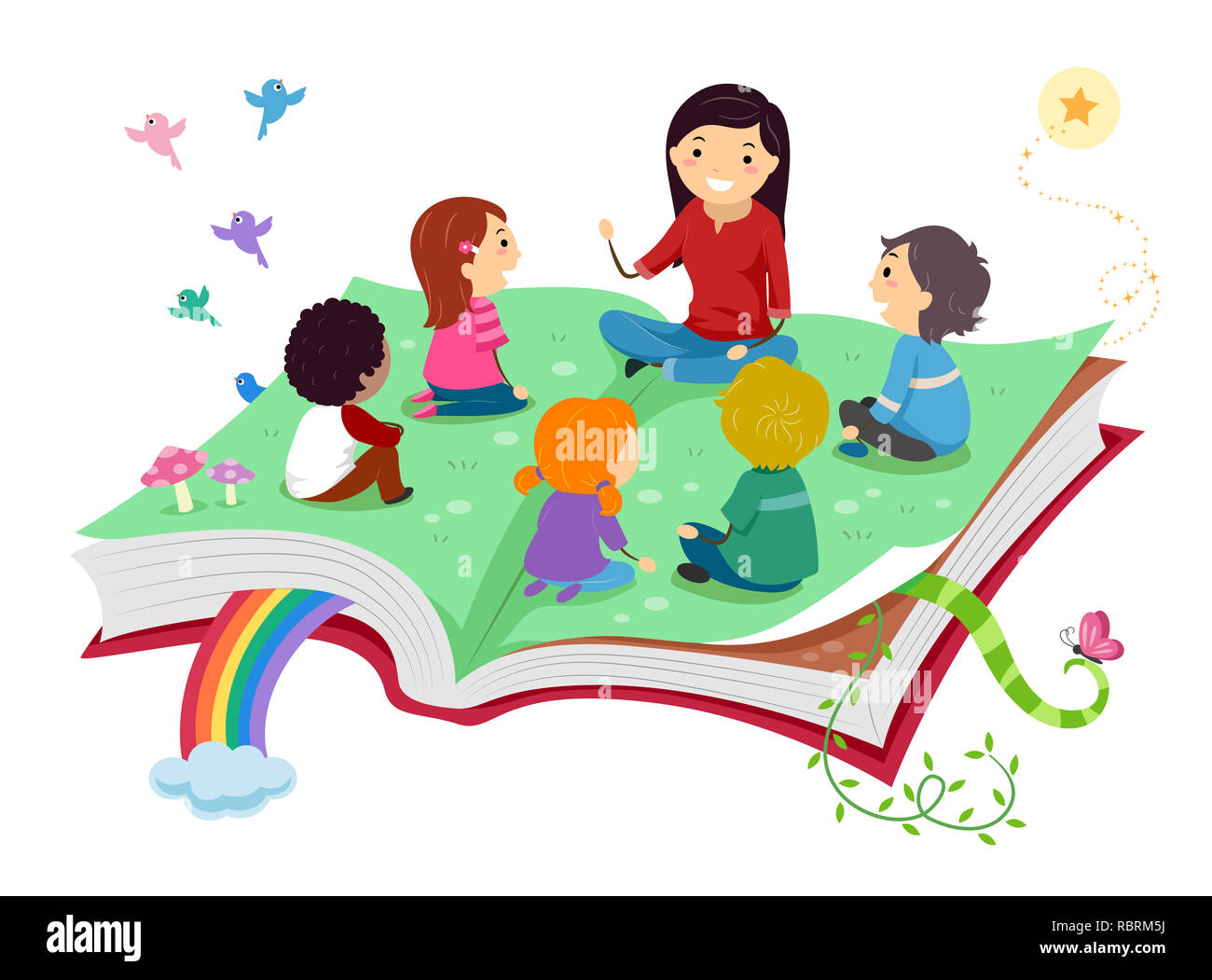 Illustration of Stickman Kids with Teacher Telling Story on Top of an Open Book Stock Photo