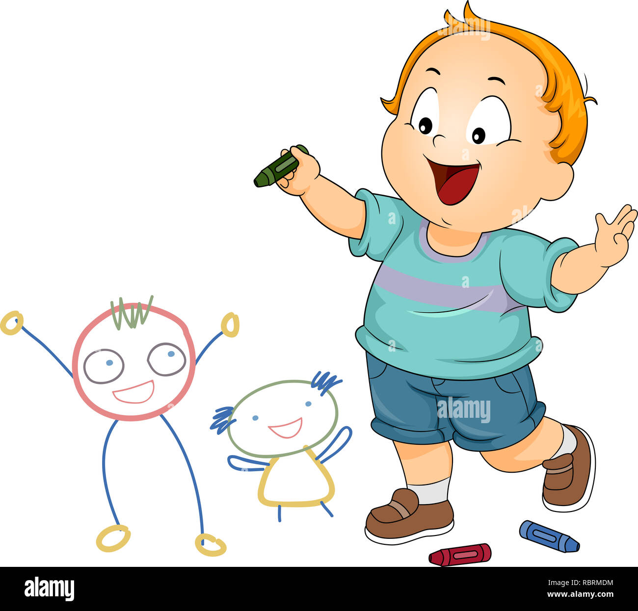 Illustration of a Kid Boy Holding a Crayon with Doodle Friends Stock Photo