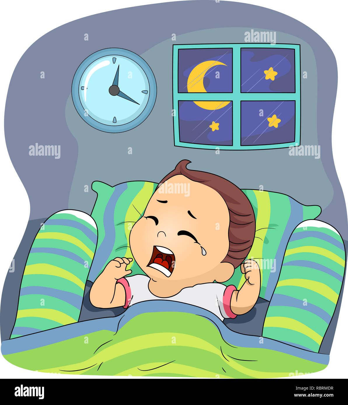 Illustration of a Kid Boy Toddler Crying After Waking Up at Night in Bed Stock Photo