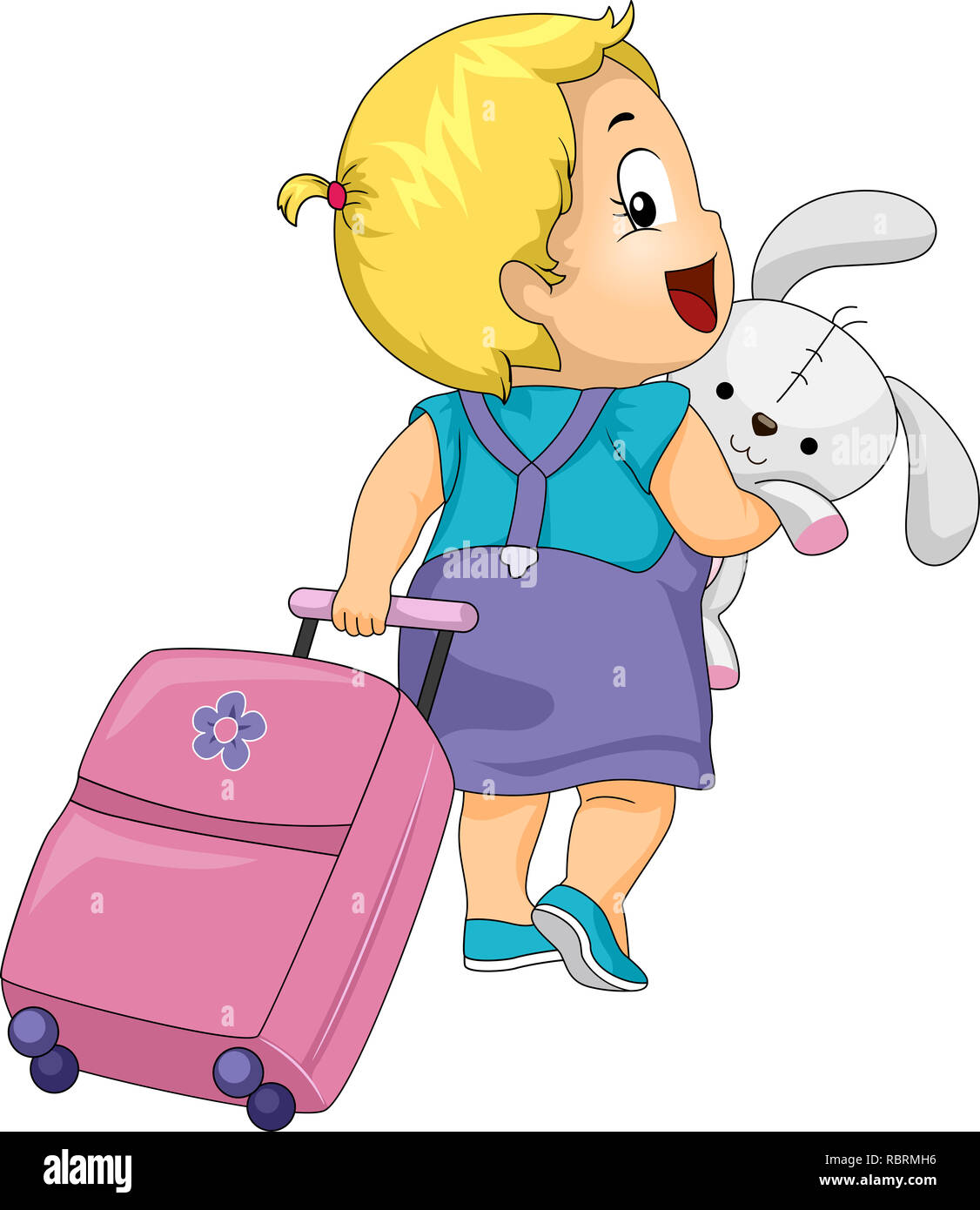 Illustration of Kid Girl Toddler Pulling Her Travel Luggage and Hugging