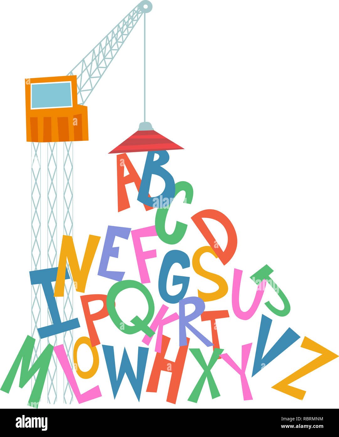 Illustration of a Crane Pulling the Alphabet Letters Using Its