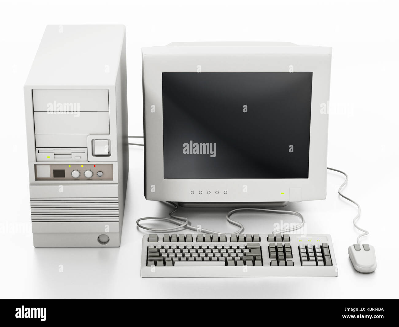 Generic vintage 90's style computer isolated on white background. 3D illustration. Stock Photo