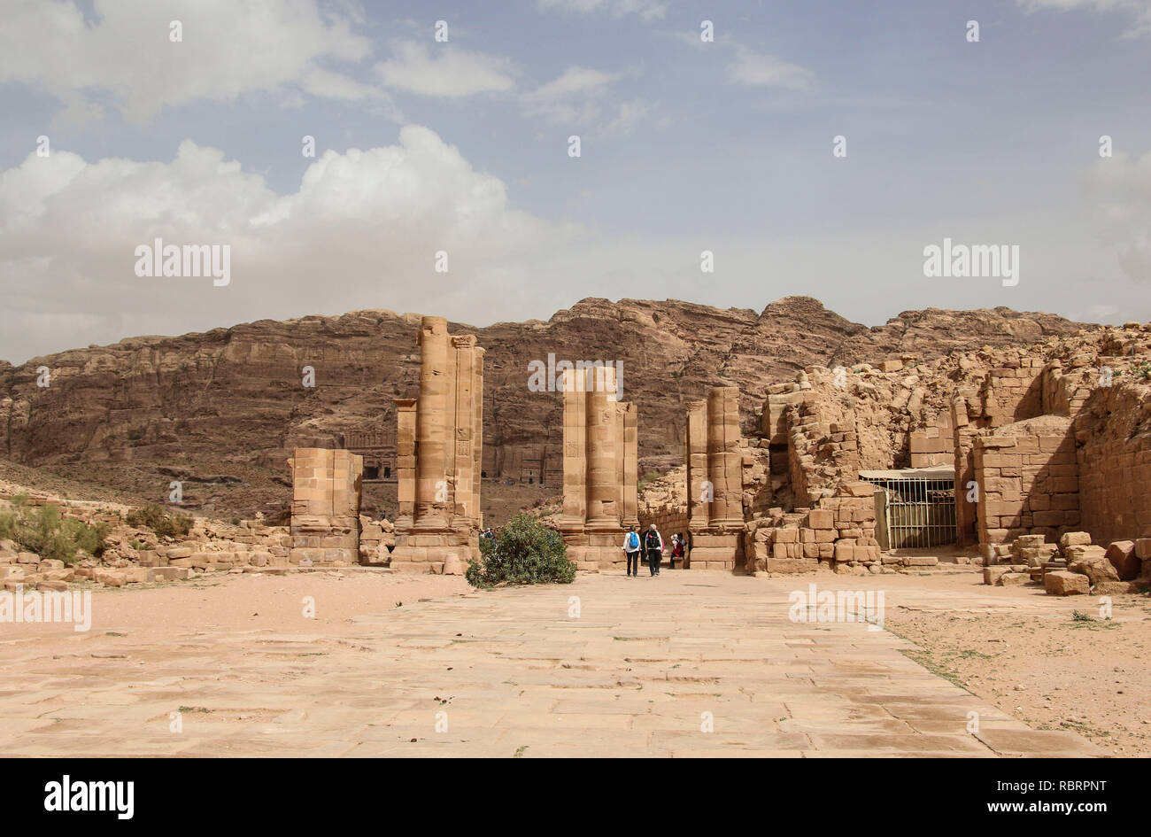 Panoramic view Ruins of Great Temple Gates in the ancient Arab Nabataean Kingdom city of Petra. Jordan Stock Photo