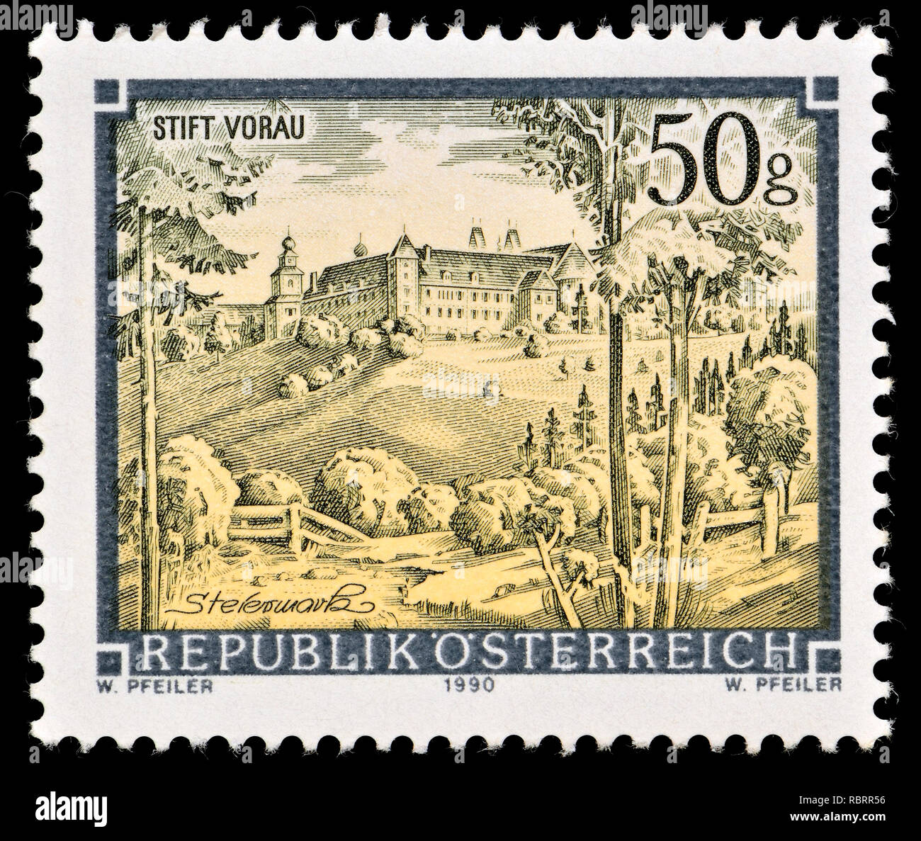 Austrian postage stamp (1990) : Monasteries and Abbeys series: Stift Vorau / Augustinian monastery Vorau Stock Photo