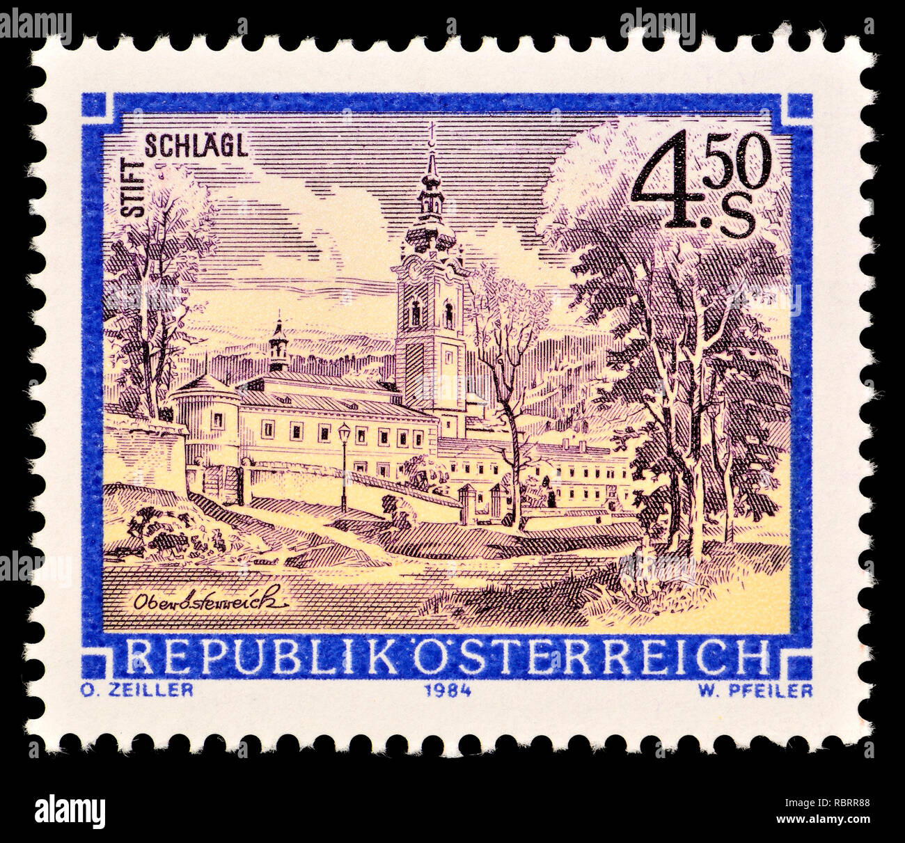 Austrian postage stamp (1984) : Monasteries and Abbeys series: Premonstratensian Abbey, Schlägl / Stift Schlagl Stock Photo