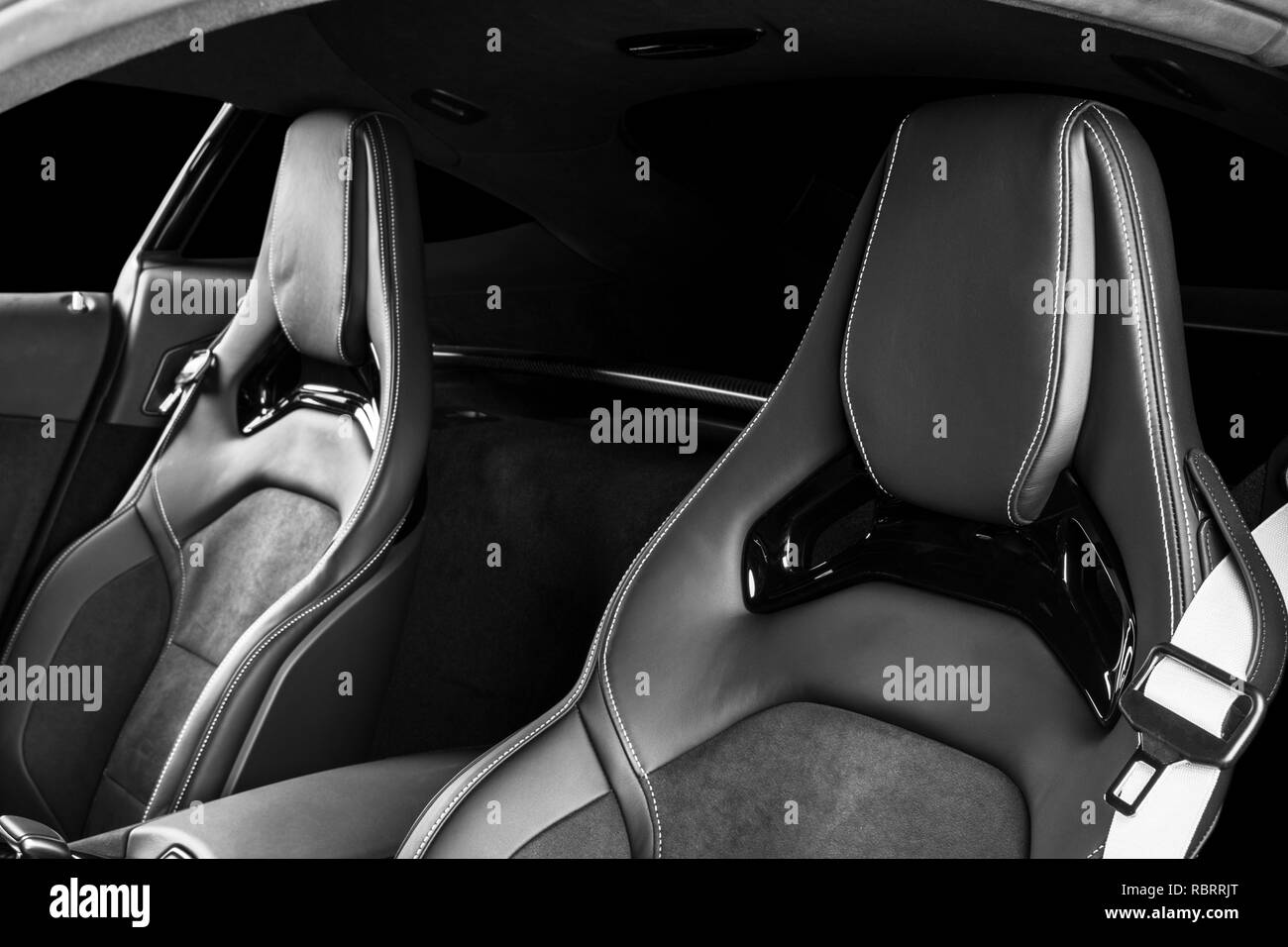 Modern Luxury sport car inside. Interior of prestige modern car. Comfortable leather seats with