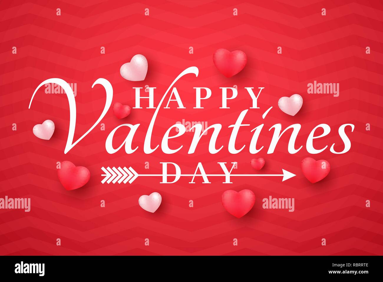 Valentine's Day banner for web. Romantic 3D hearts on a red background. Beautiful calligraphy and lettering. Romantic composition. Vector illustration Stock Vector