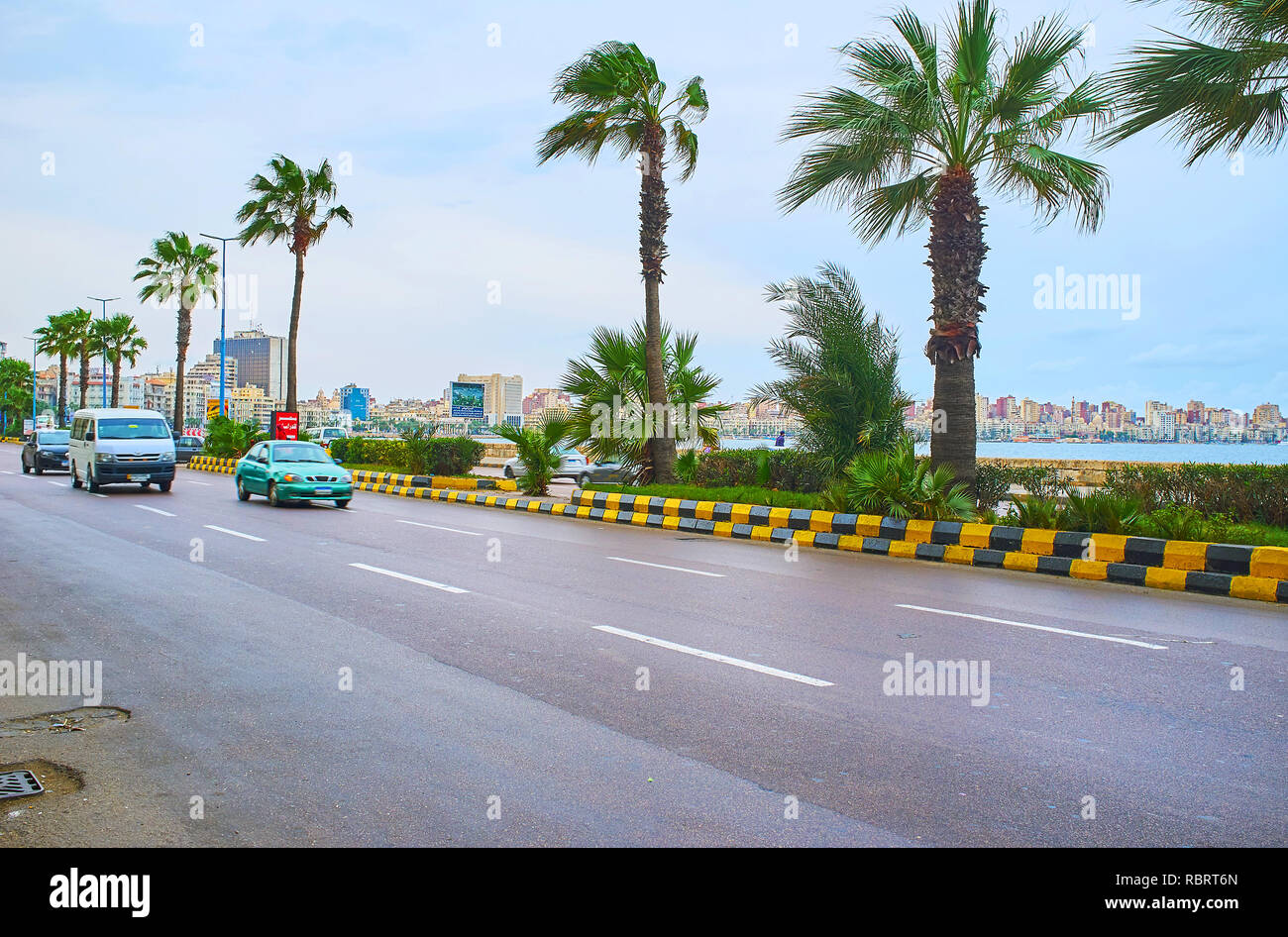 ALEXANDRIA, EGYPT - DECEMBER 19, 2018: The lush tall palm trees grow in Corniche Avenue, stretching along the Mediterranean coast of the city, on Dece Stock Photo