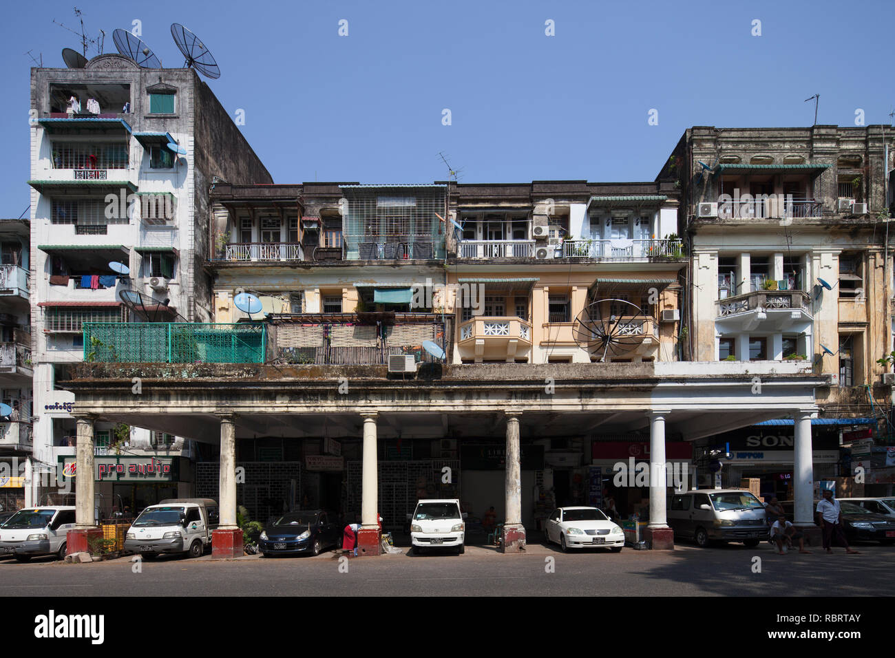 Colonial buildings in Bo Aung Kyaw Street, Yangon, Myanmar, Asia Stock Photo