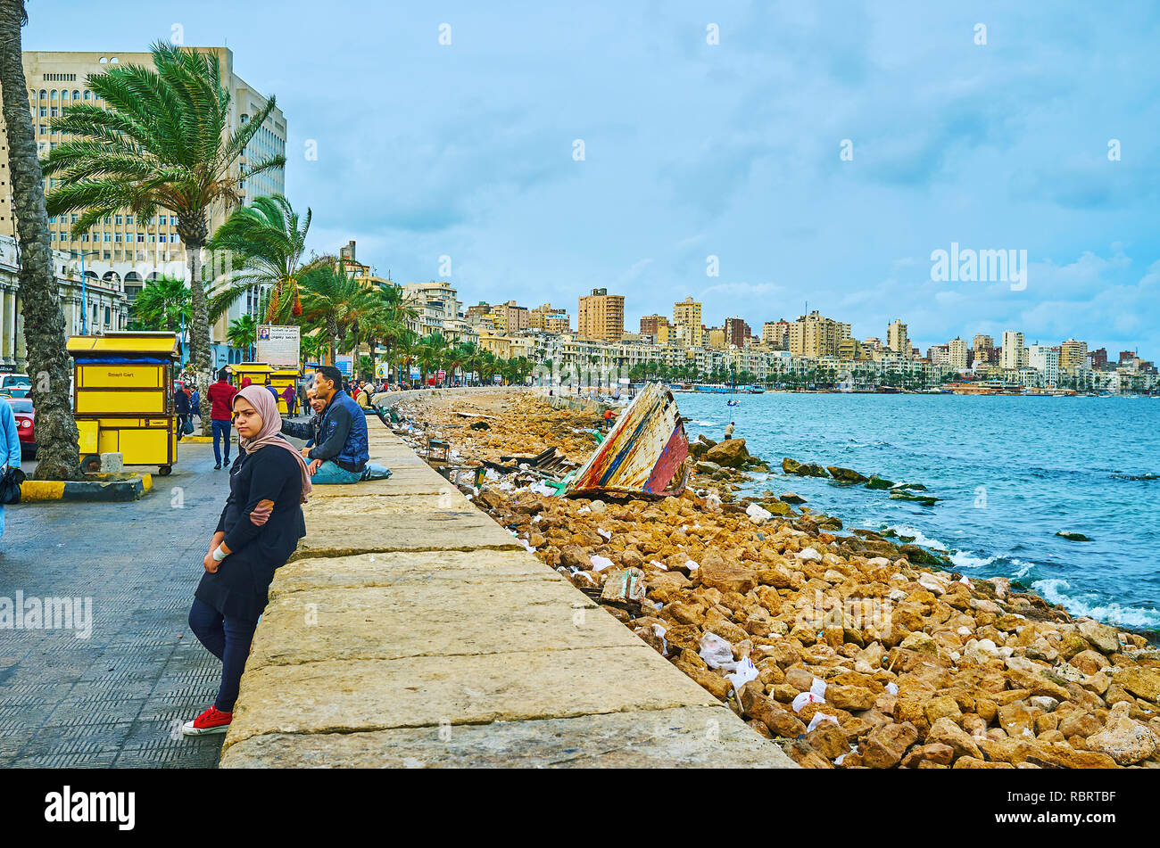 ALEXANDRIA, EGYPT - DECEMBER 19, 2017: Corniche Avenue is popular 