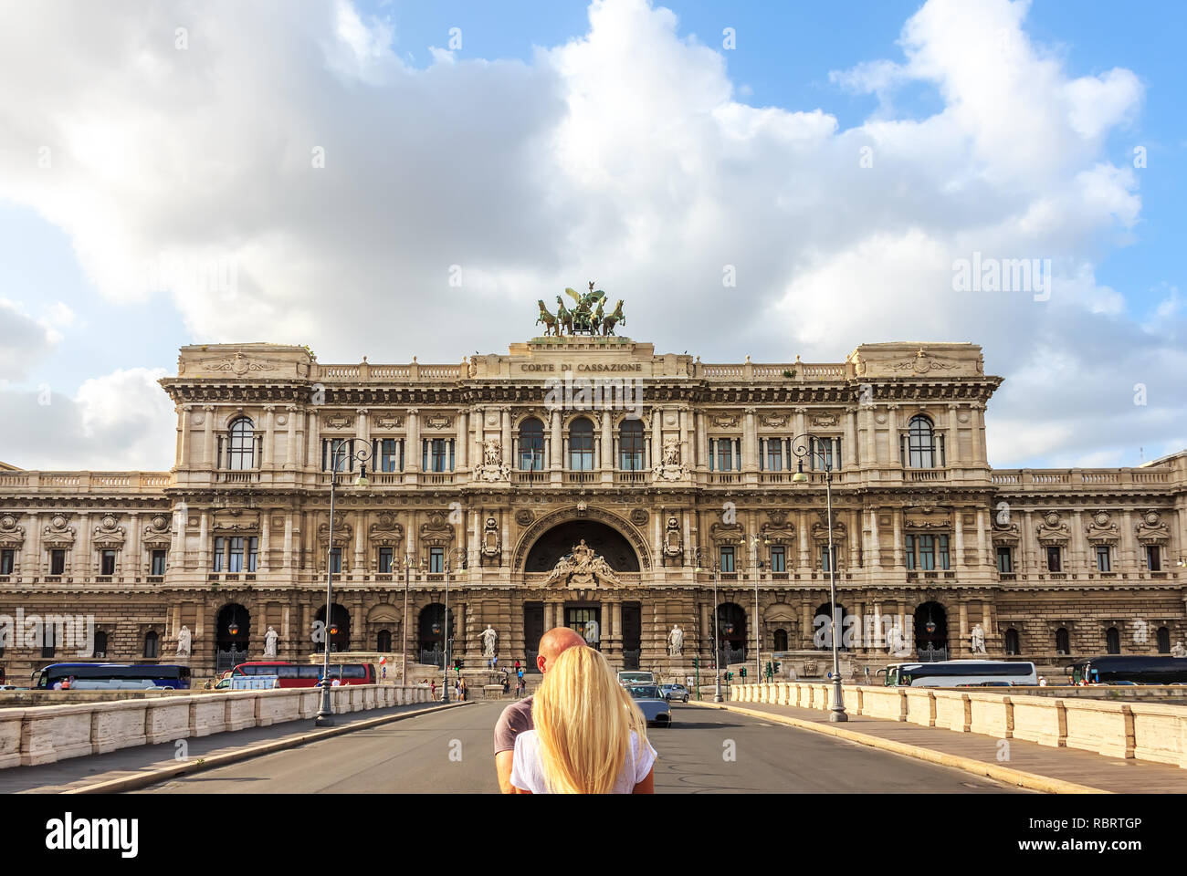 Romantic couple in Rome, the Palace of Justice view, Italy. Stock Photo