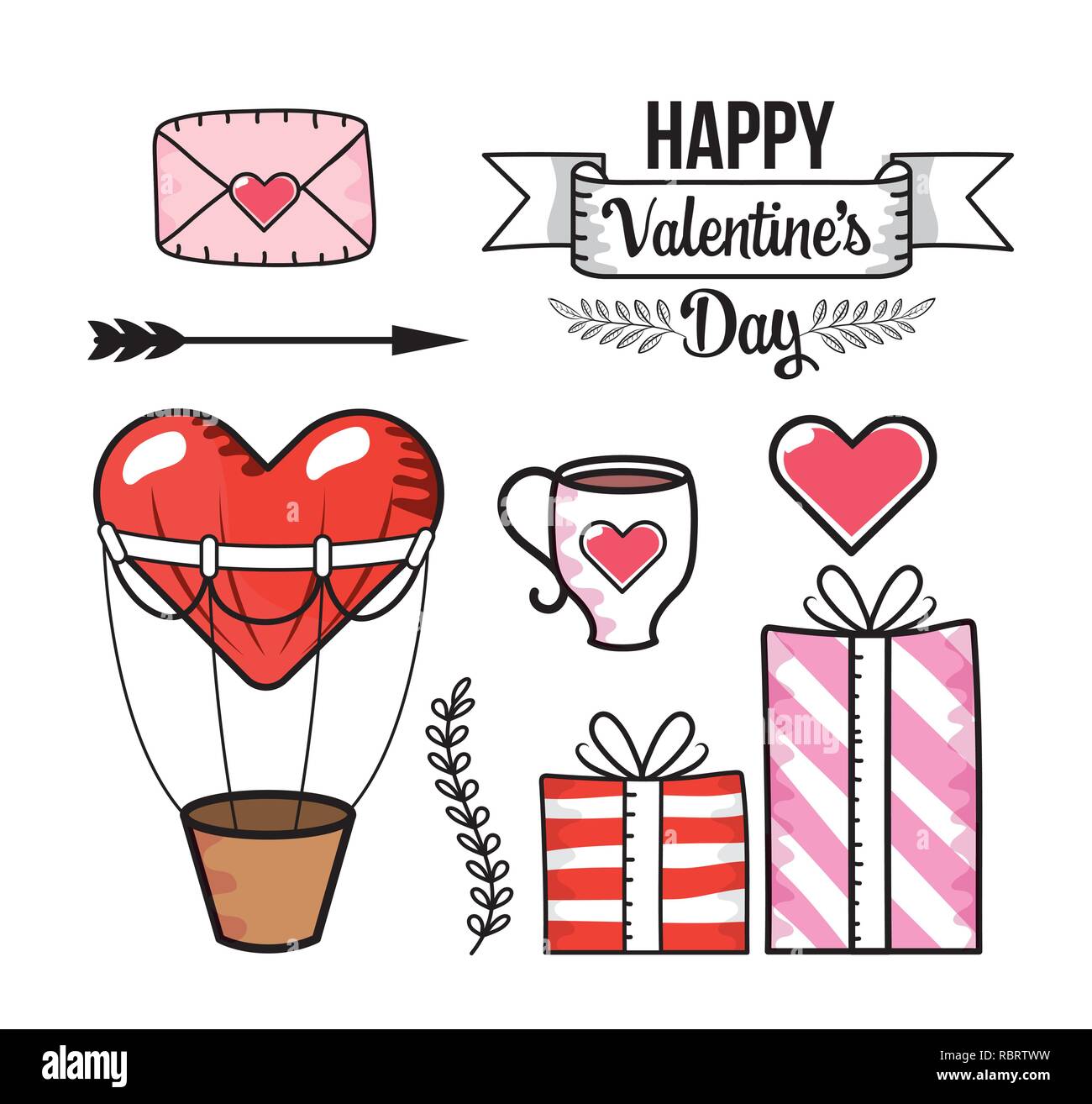 set love card with heart air balloon and presents gifs Stock Vector ...
