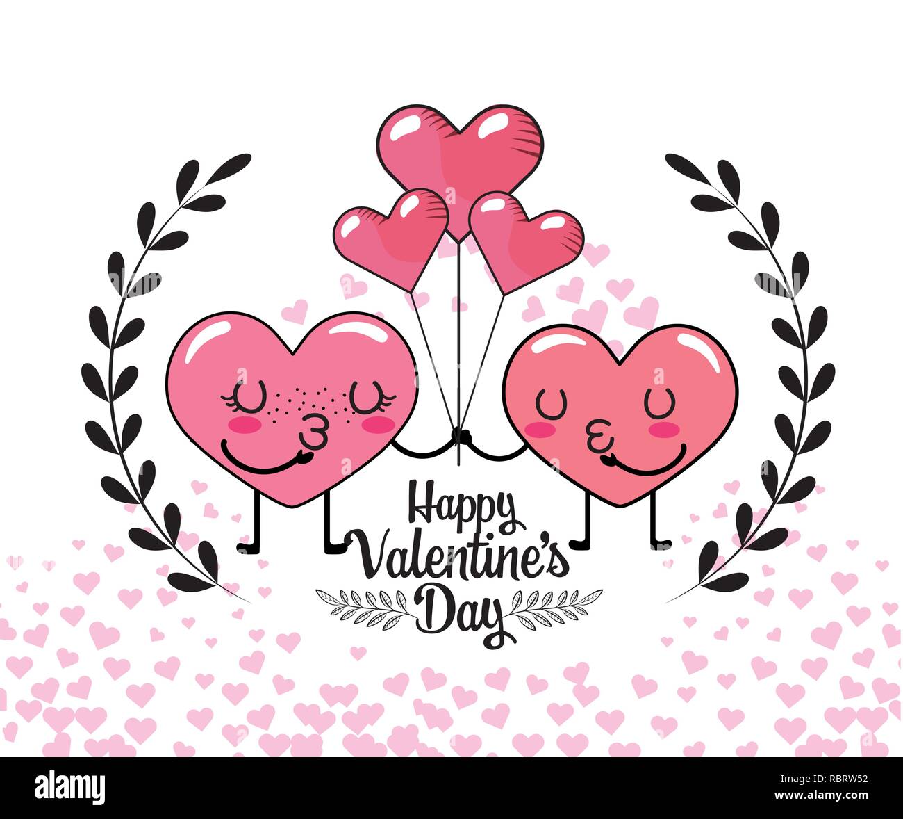 couple hearts with balloons and branches leaves Stock Vector