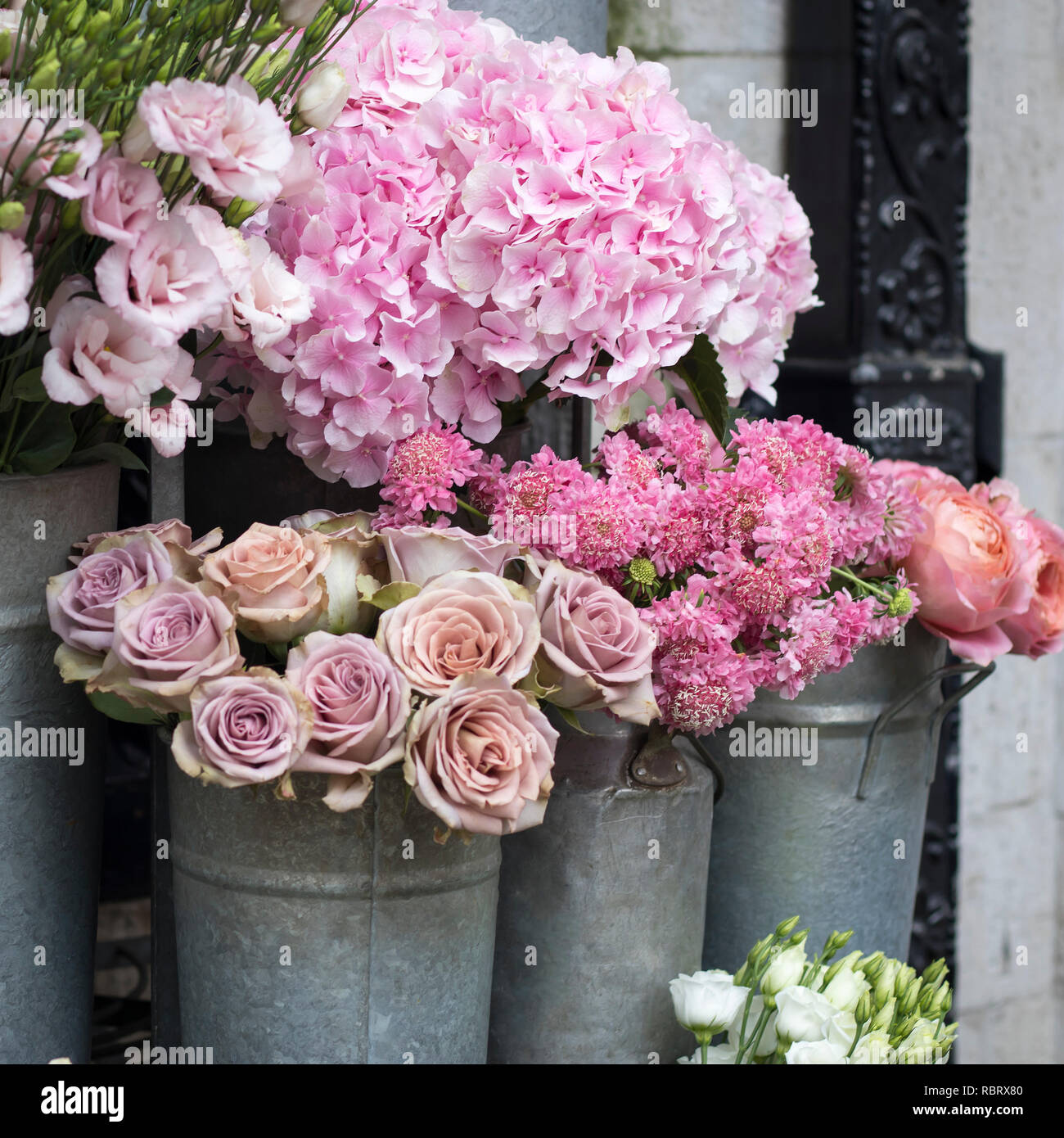 The colorful variety of flowers sold in the market in London Stock