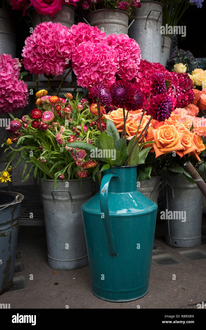 The colorful variety of flowers sold in the market in London. Stock Photo