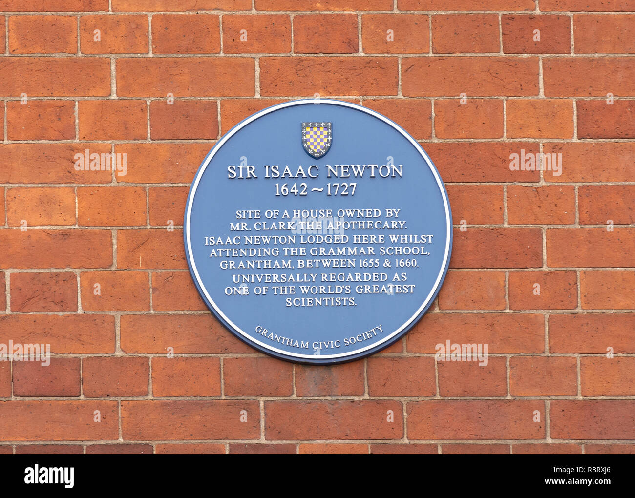 Blue plaque to Sir Isaac Newton, The George Shopping Centre, High Street, Grantham, Lincolnshire, England, United Kingdom Stock Photo