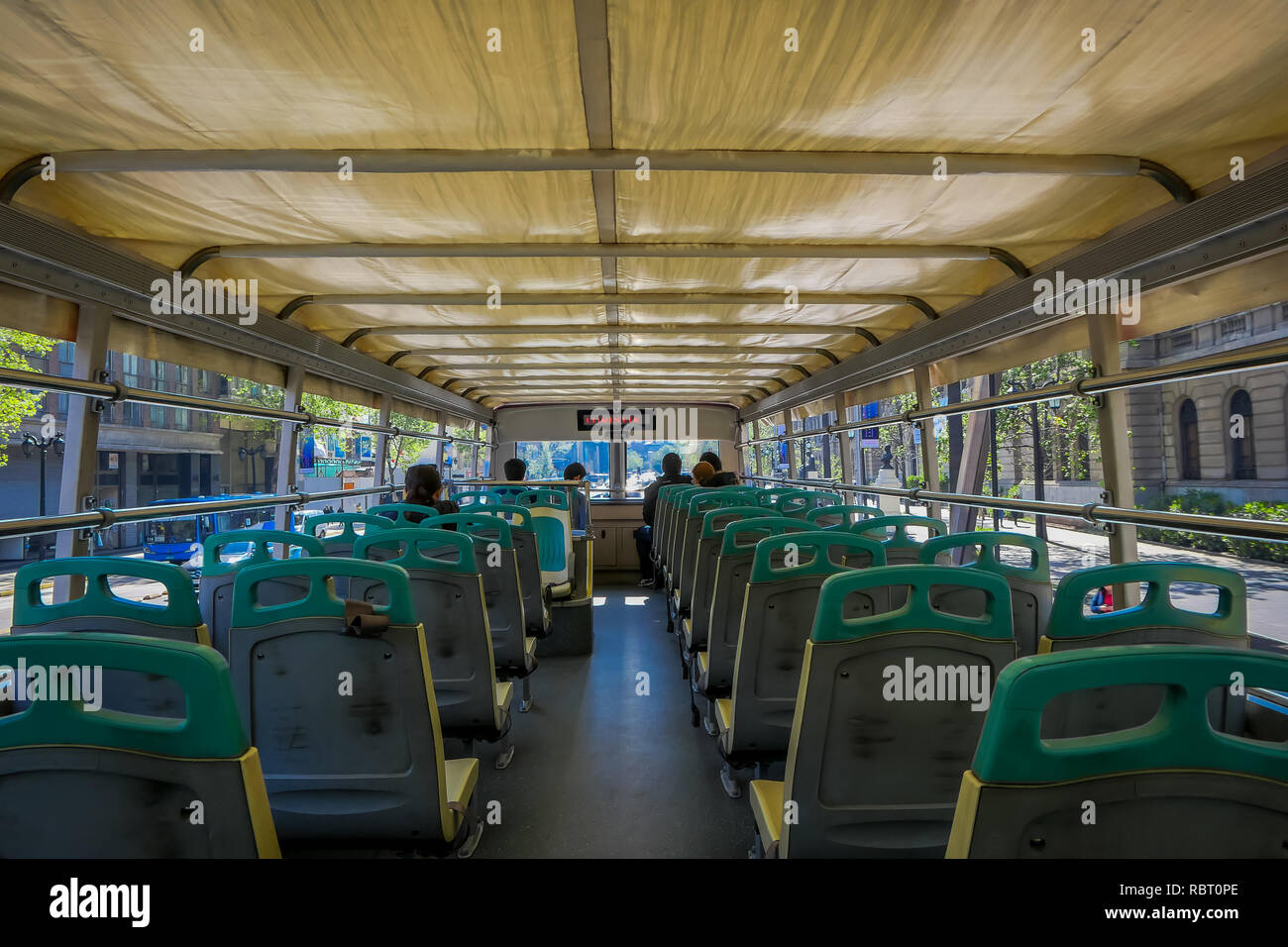SANTIAGO, CHILE - OCTOBER 16, 2018: Indoor view of details of chairs located inside of public transport bus located in the city of Santiago of Chile Stock Photo