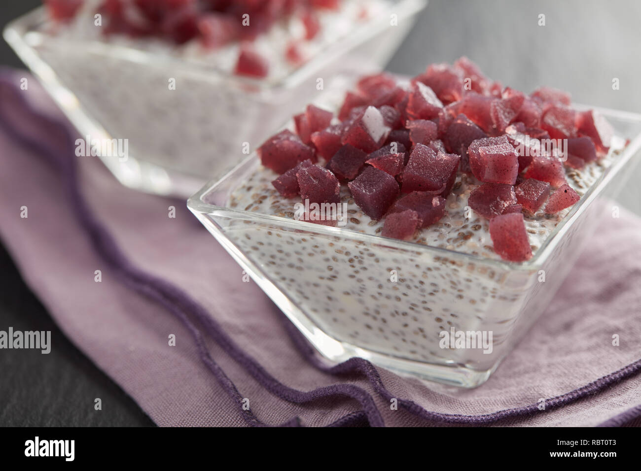 Chia seeds with yogurt and blueberry agar jelly dessert Stock Photo