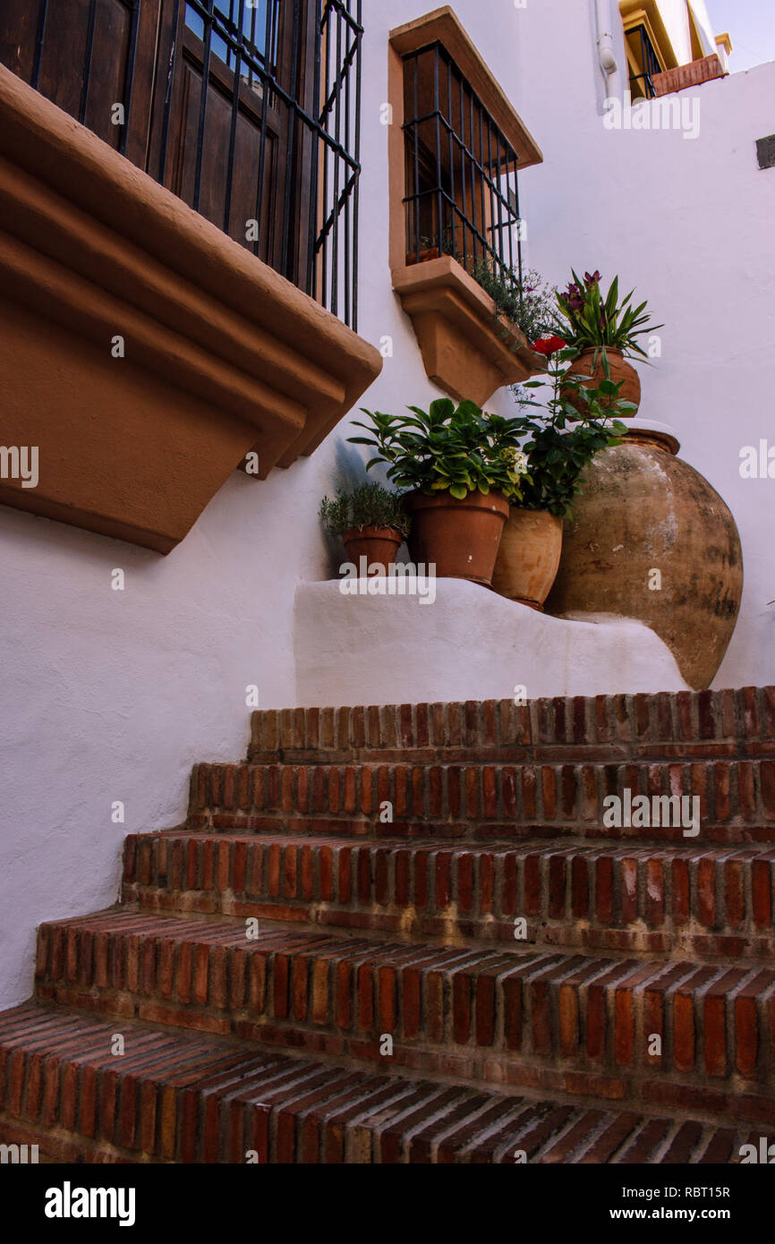 Clay pot. Traditional Spanish clay pots with flowers around the house