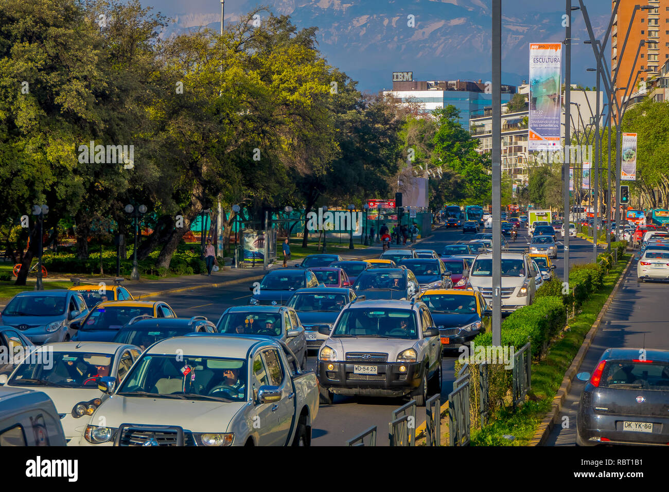 SANTIAGO DE CHILE, CHILE OCTOBER 16, 2018 Cars in traffic jam in Las Condes district. The