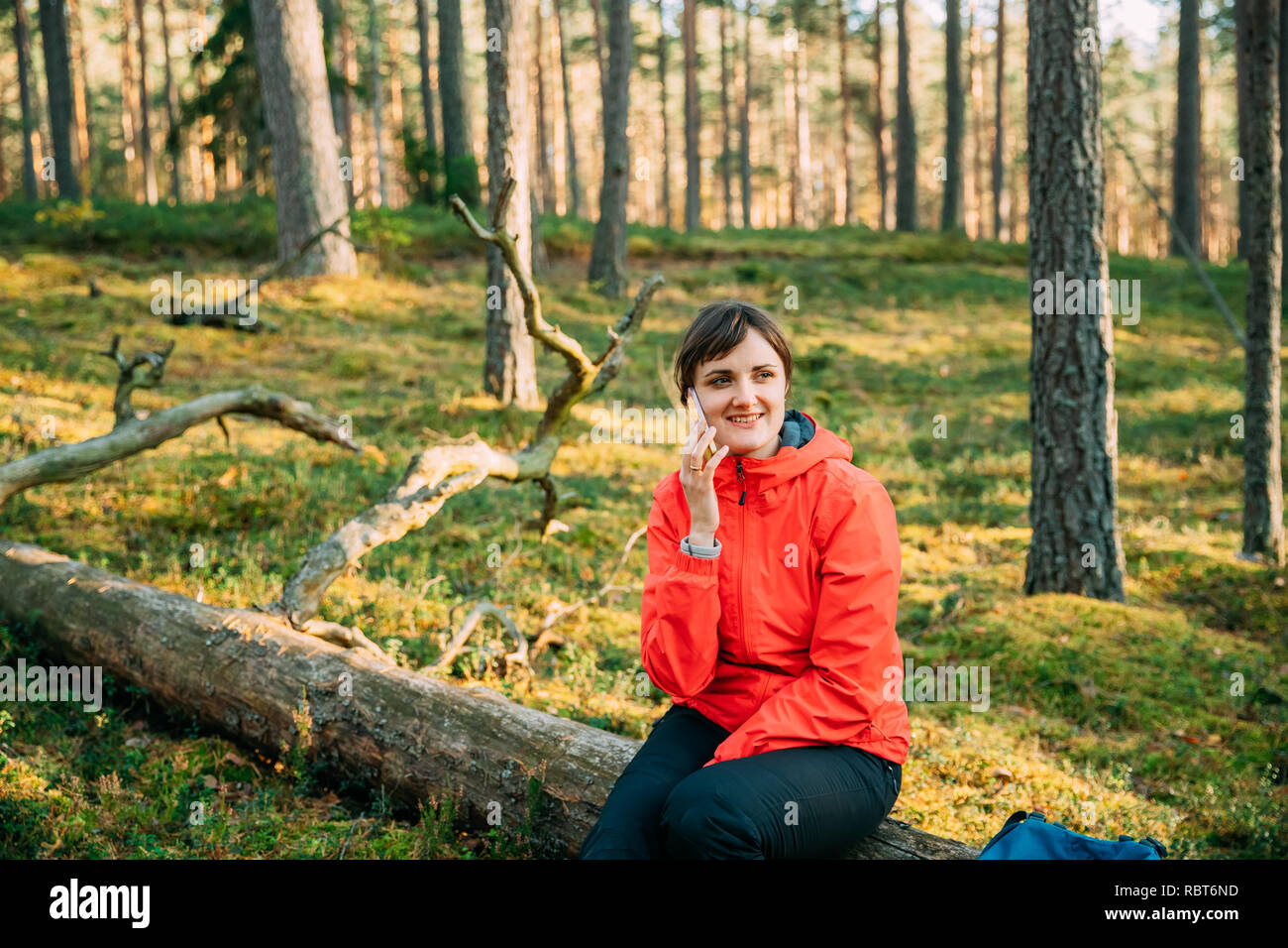 Young Adult Beautiful Caucasian Girl Woman Dressed In Red Jacket Resting Sitting On Fallen Tree And Making Call On Smartphone In Autumn Green Forest.  Stock Photo