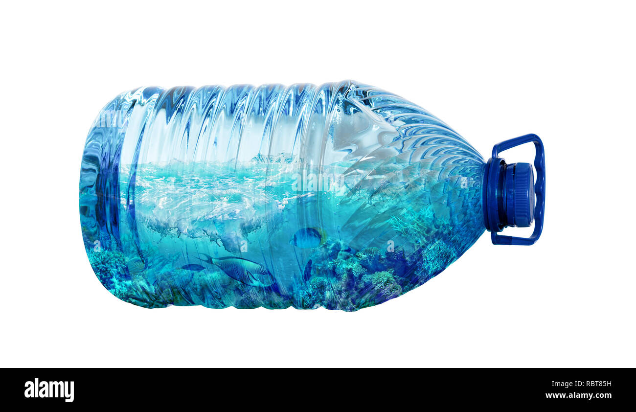 Sea life in plastic bottle isolated on white background. Ecology pollution concept. Environment