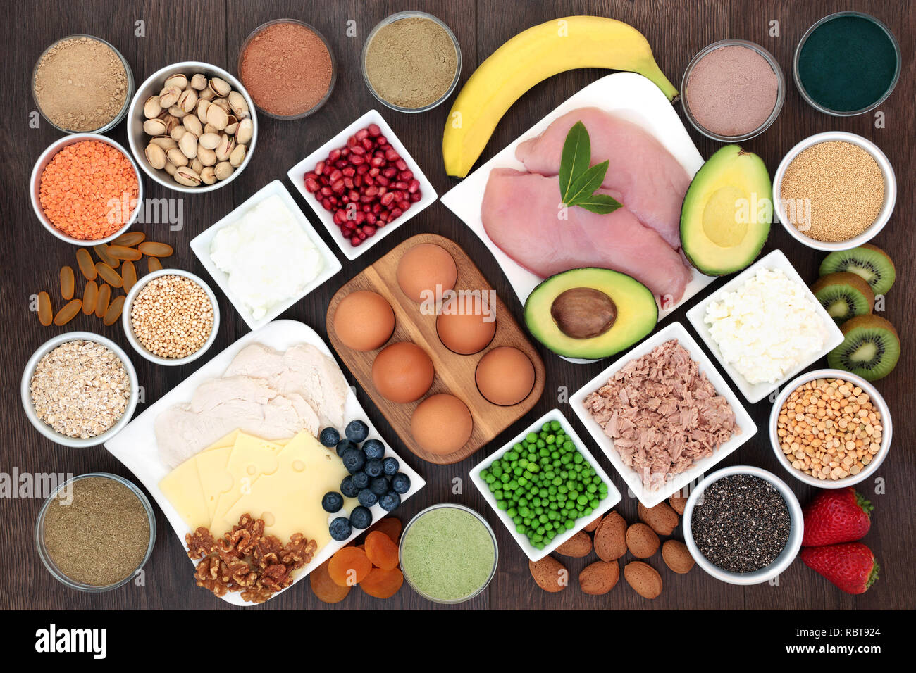 Health food for body builders with high protein lean meat, dairy, dietary supplement powders