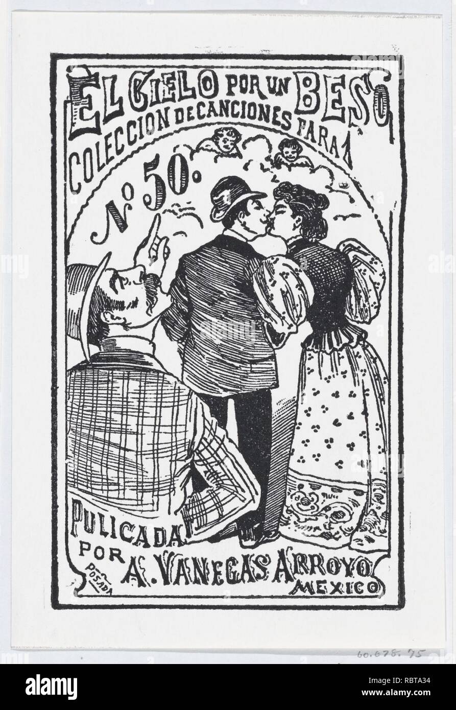 A man pointing to the heavens while a couple kisses in the background, illustration for ' El Cielo por un Beso,' published by Antonio Vanegas Arroyo Stock Photo