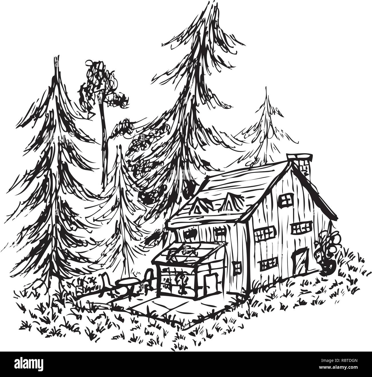 Sketch of a lodge at a forest glade by jziprian Stock Vector