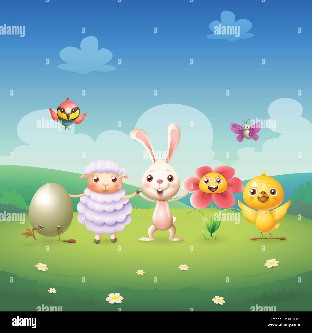 Easter bunny and friends celebrate Easter and spring - egg chicken sheep flower butterfly and bee-eater bird on spring landscape background Stock Vector