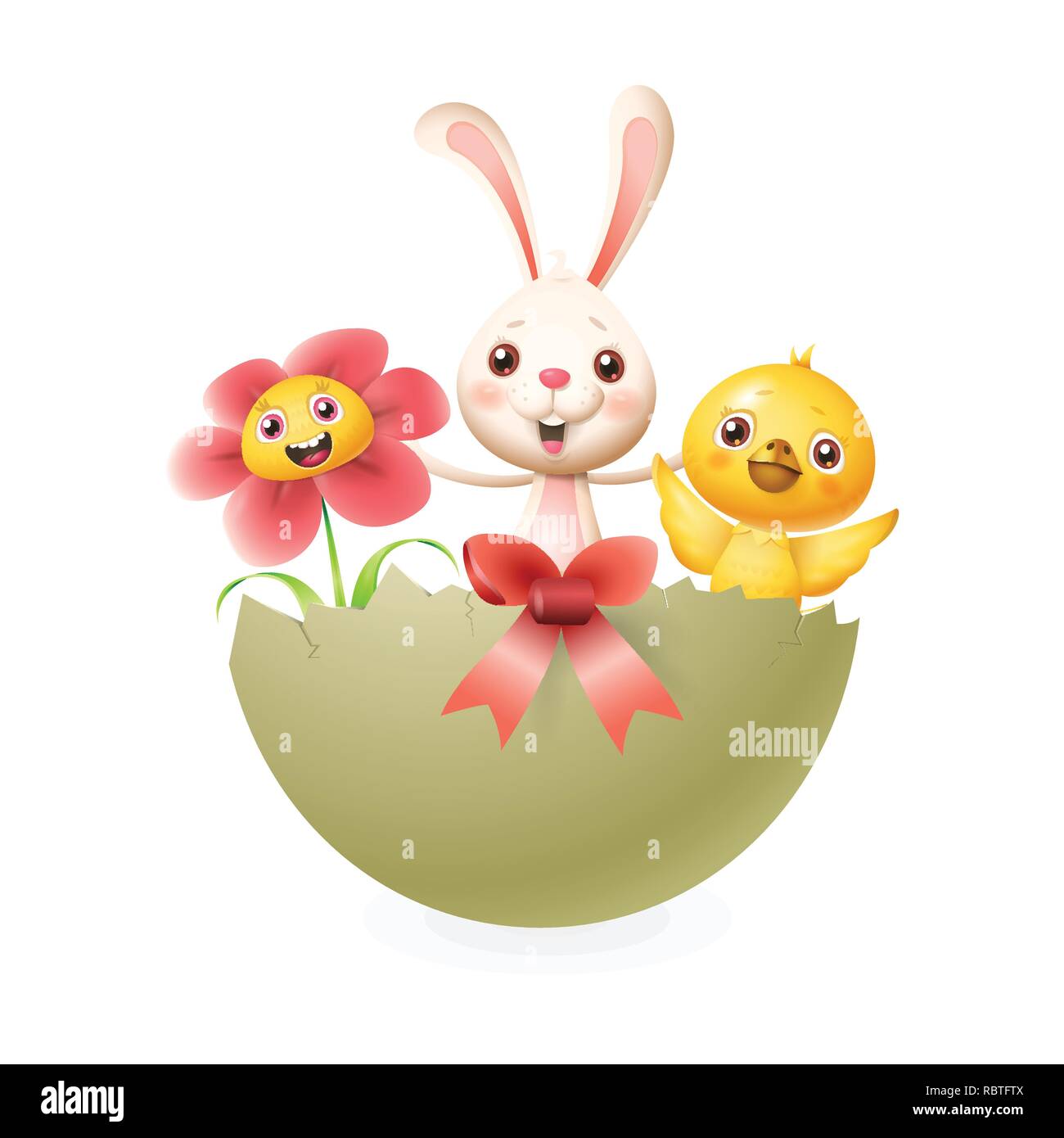Bunny chicken and flower celebrate Easter in decorated opened egg ...