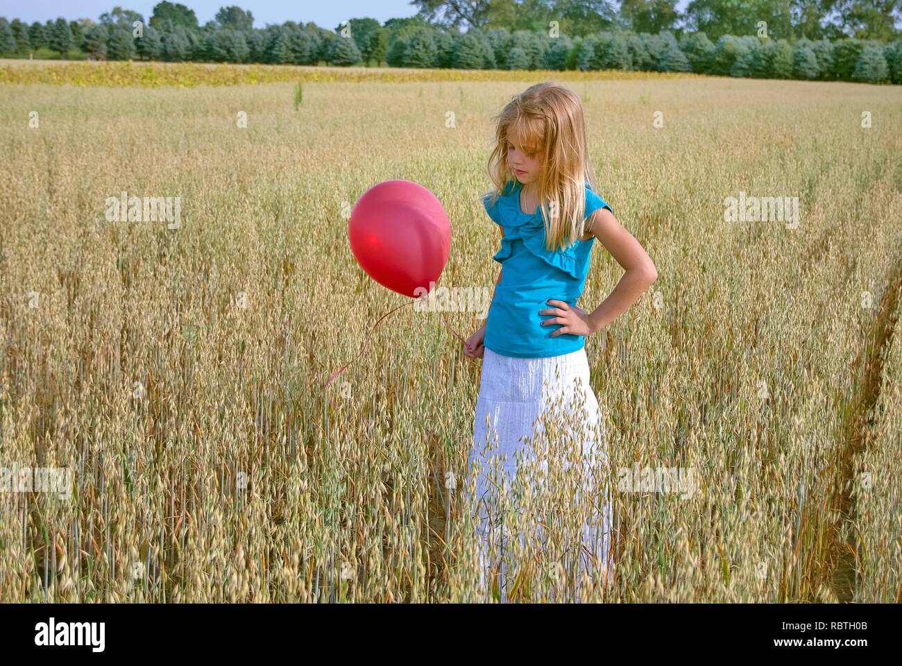 young Caucasian girl in Michigan wheat field with red balloon Stock ...