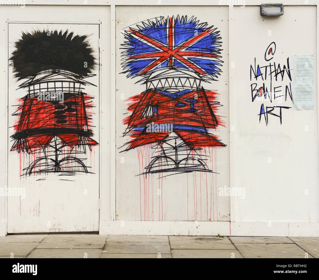 Street artist Nathan Bowen's Grenadier Guardsmen wearing bearskins in Trafalgar Square, London, UK Stock Photo