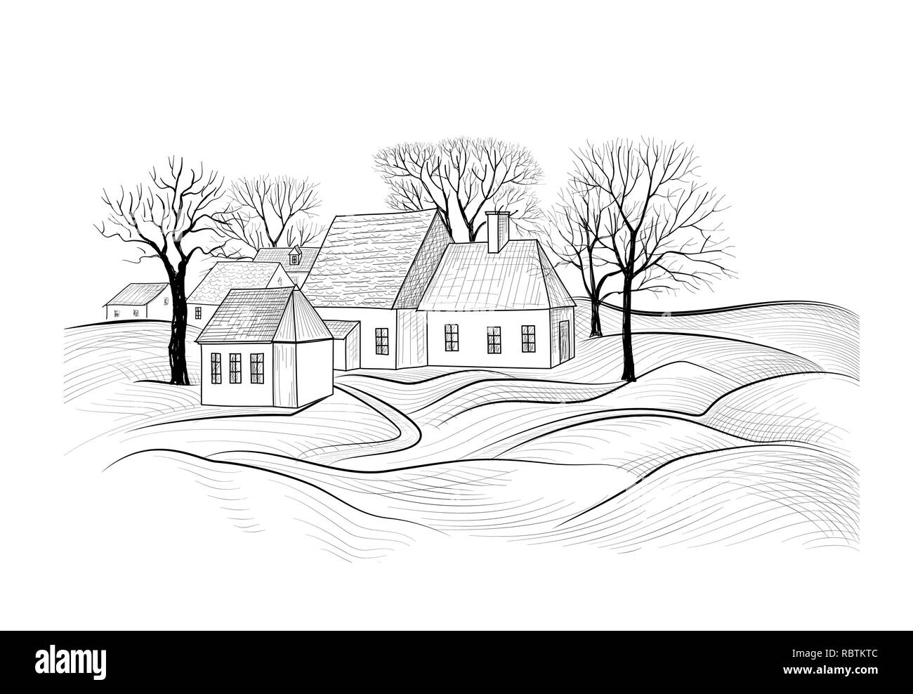 Countryside rural landscape with village house. Sketch of countryhouse building with fields. Farm land skyline Stock Vector