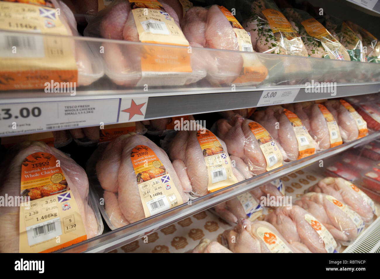 chicken on shelf in supermarket Stock Photo