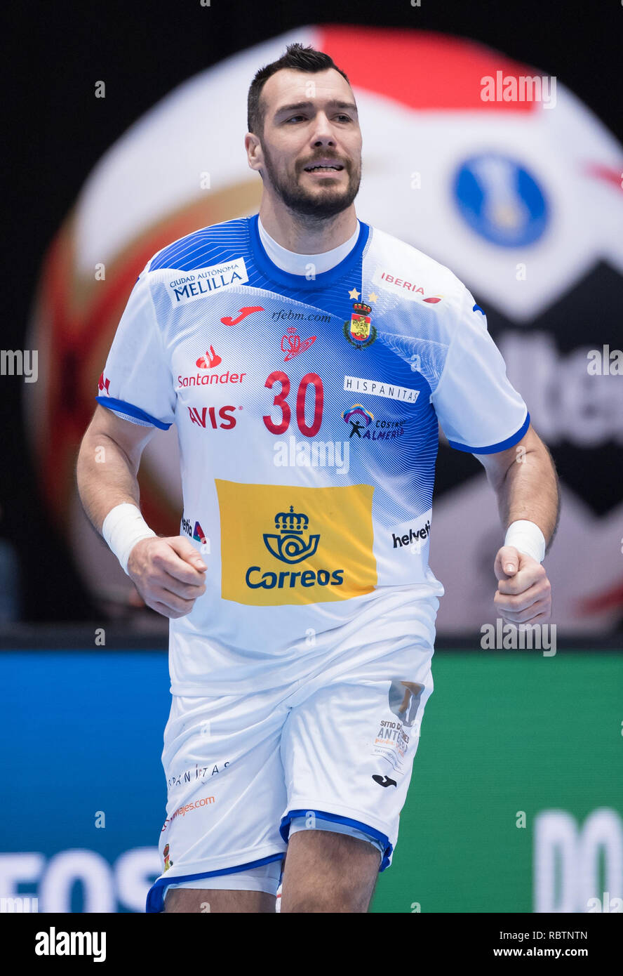 11 January 2019, Bavaria, München: Handball: World Championship, Bahrain - Spain, preliminary round, Group B, 1st matchday in the Olympic Hall. Gedeon Guardiola of Spain cheers for a goal. Photo: Sven Hoppe/dpa Stock Photo