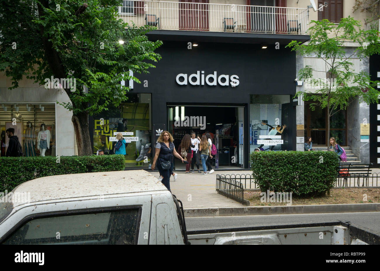 Korfu, Greece. 03rd May, 2018. View of a shop of Adidas in Corfu town, also  Kerkyra, capital of Corfu island. Credit: Frank Rumpenhorst/dpa/Alamy Live  News Stock Photo - Alamy