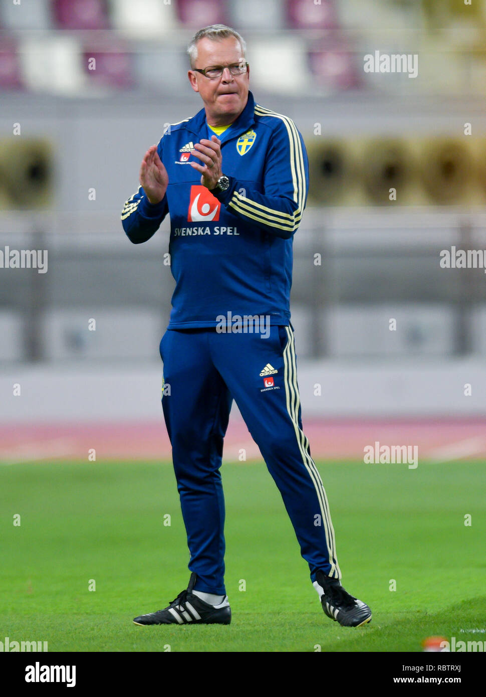 Doha, Qatar. 11th Jan, 2019. Sweden's head coach Janne Andersson reacts during the international friendly soccer match between Sweden and Iceland in Doha, Qatar, Jan. 11, 2019. The match ended in a 2-2 draw. Credit: Nikku/Xinhua/Alamy Live News Stock Photo
