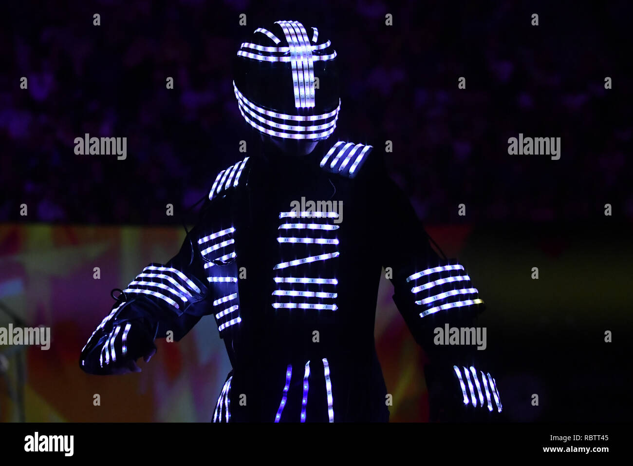 Melbourne, Australia. 12th Jan, 2019. Illuminated dancers perform at Kids Tennis Day prior to the 2019 Australian Open Grand Slam tennis tournament in Melbourne, Australia. Sydney Low/Cal Sport Media/Alamy Live News Stock Photo