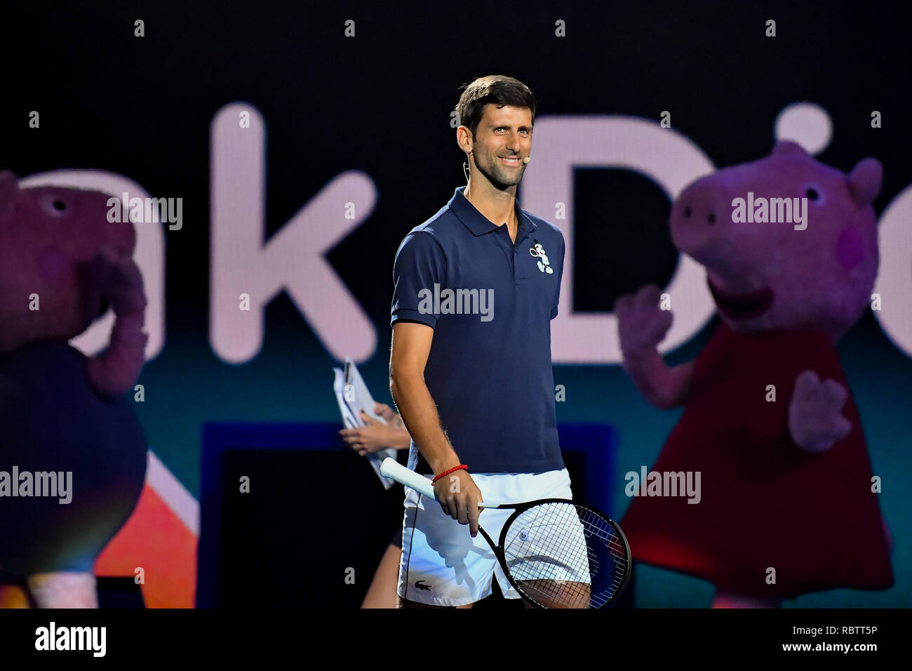 Melbourne, Australia. 12th Jan, 2019. Novak Djokovic performs at Kids Tennis Day prior to the 2019 Australian Open Grand Slam tennis tournament in Melbourne, Australia. Sydney Low/Cal Sport Media/Alamy Live News Stock Photo