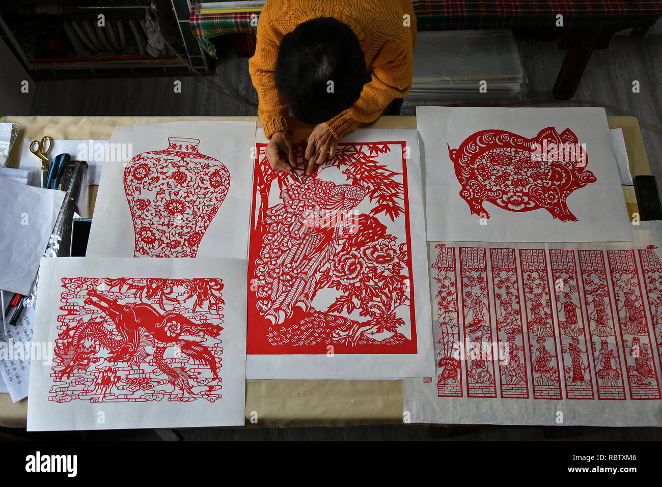 Yantai Yantai China 12th Jan 2019 Yantai China The Folk Artist Wei Aijun Makes Paper Cutting Artworks In Yantai East Chinaa A A S Shandong Province Wei Started To Learn The Skill Of Paper Cut At The Age