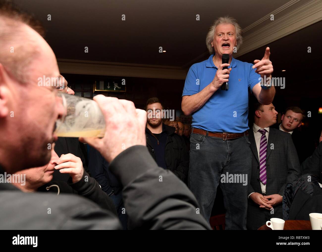 Tim Martin, founder of pub chain Wetherspoon, visits The Swan pub in Weymouth during his nationwide tour of his Wetherspoon's pubs to talk about a no deal Brexit Credit: Finnbarr Webster/Alamy Live News Stock Photo
